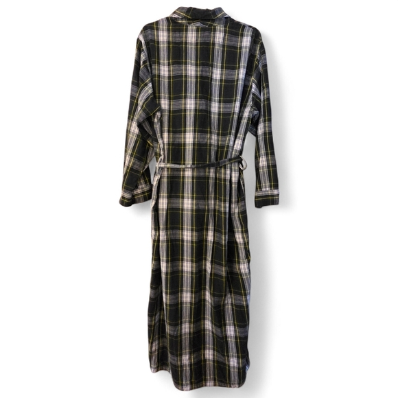 L.L. Bean Tartan Plaid Green Navy Flannel Robe W/Tie Cozy Cabin Size Large - Picture 3 of 4